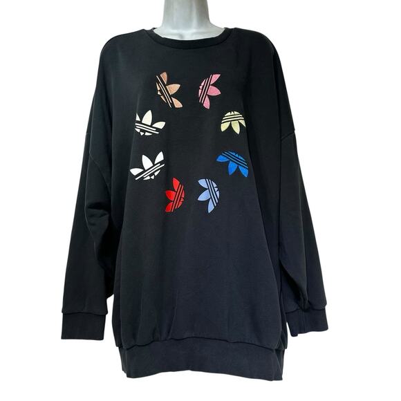Adidas Originals Sweatshirt XL Black Oversized Trefoil Logo Colorful Graphic - Picture 1 of 4